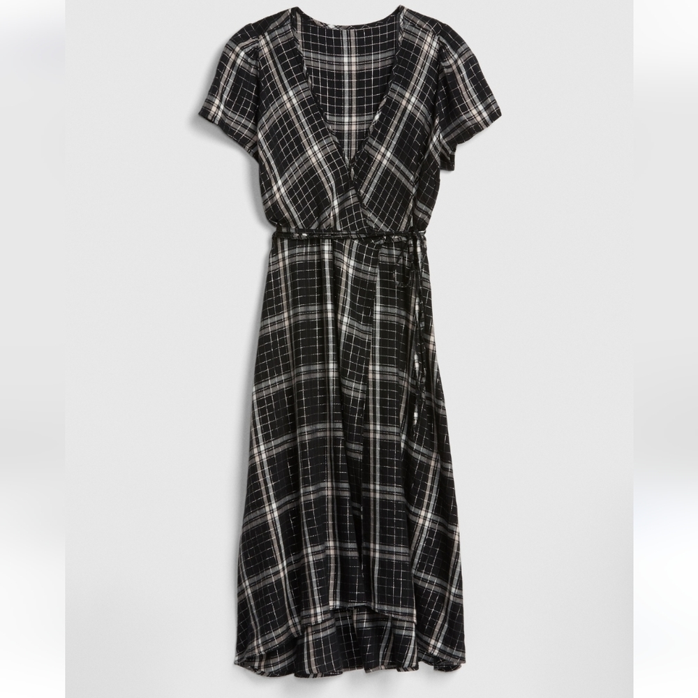 Gap Black Plaid Shimmer Midi Wrap Dress Size Small